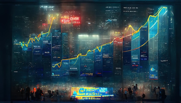 Visão noturna do centro e gráficos do mercado de ações para negócios