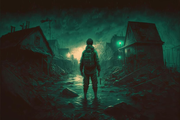 Visão noturna do homem parado na cidade submersa Conceito de fantasia Ilustração pintura Generative AI