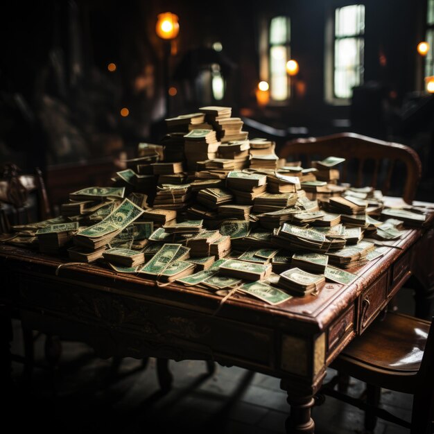 Foto visão noturna riqueza estilo antigo dinheiro na mesa ia geradora