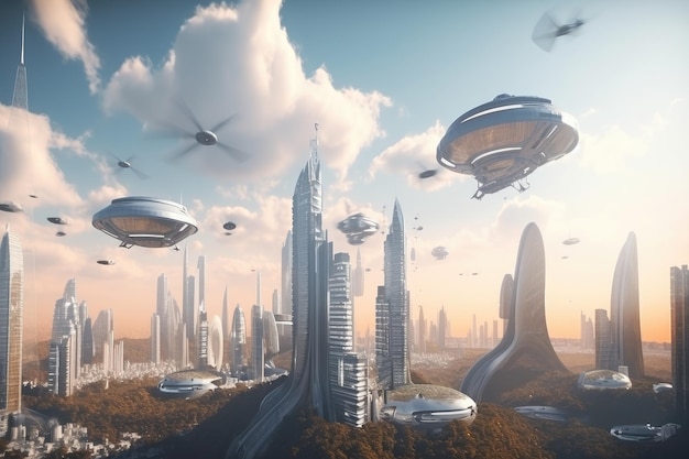 Visão onírica de uma cidade futurista com prédios altos e veículos voadores