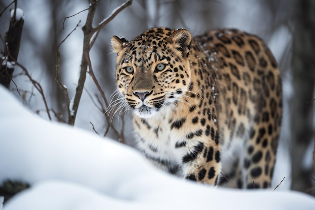 Visão rara do majestoso leopardo de Amur vagando pelo Extremo Oriente nevado da Rússia