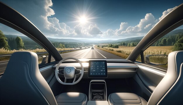 Foto visão realista de um carro elétrico no interior de um carro ensolarado