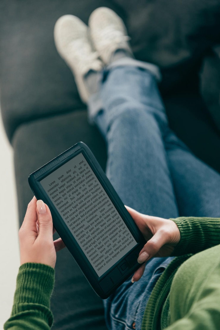 Foto visão recortada da mulher estudando com ebook enquanto está sentado no sofá