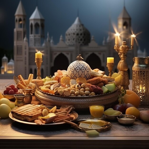 Visão renderizada em 3D celebração do Eid al-Fitr com comida deliciosa