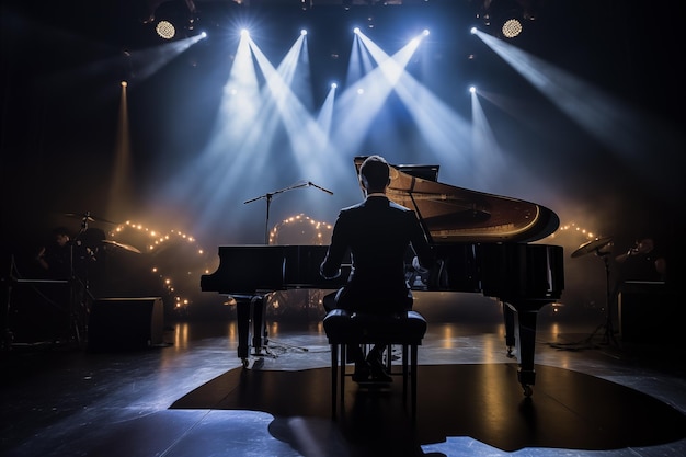 Visão retrospectiva de um jovem pianista tocando um instrumento musical de piano Artista romântico expressivo se apresentando em um interior escuro de sala de concertos com holofotes iluminados AI gerativa