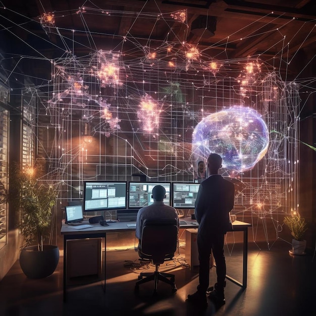 Foto visão retrospectiva do engenheiro de computação masculino e cientista criar rede neural em monitores de escritório