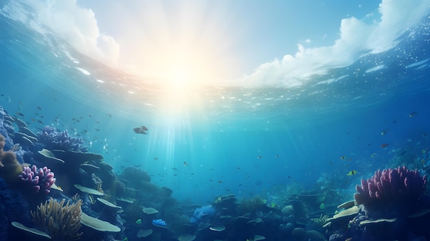 Visão subaquática do recife de coral e do mar tropical com luz solar