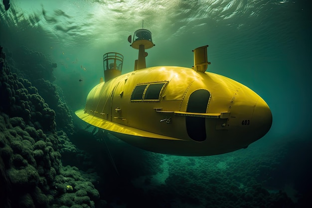 Visão subaquática do submarino amarelo Generative AI