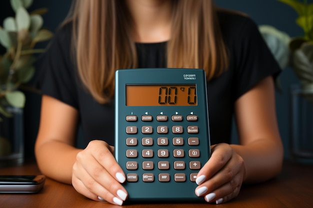 Foto visão superior calculadora preta em mãos femininas em mesa preta espaço livre arco c v