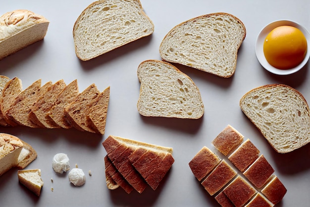 Visão superior da arte generativa de pão de trigo de variedade de fatias por IA