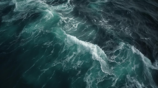 Visão superior das ondas do mar em água-marinha escura e verde com texturas realistas Generative AI