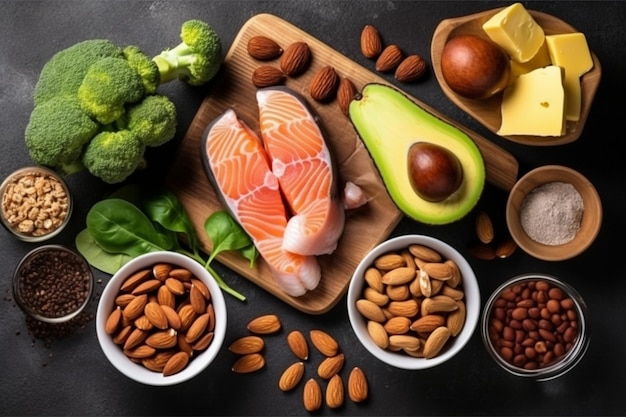 visão superior de alimentos cetogênicos saudáveis com baixo teor de carboidratos para fundo de dieta balanceada