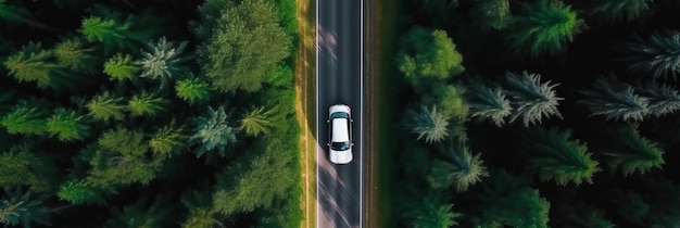 Visão superior de um carro dirigindo em uma estrada estreita na floresta Generative AI