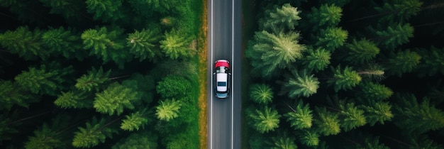 Visão superior de um carro dirigindo em uma estrada estreita na floresta Generative AI