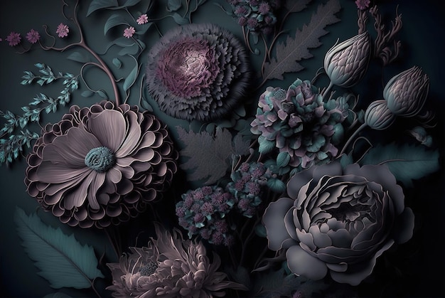 Visão superior do fundo escuro floral do padrão de flores estilo vintage AI generativa