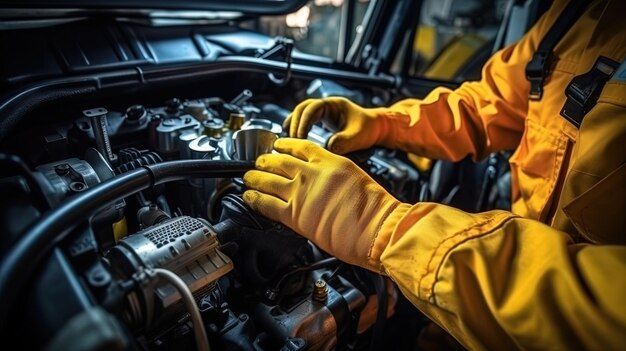 Visão técnica das mãos de um especialista em manutenção de automóveis que diagnostica e repara