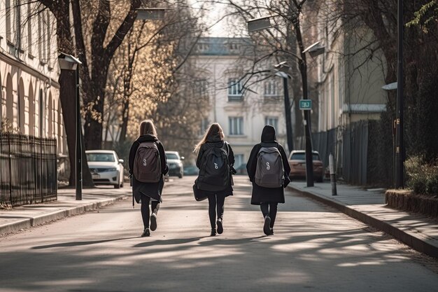 Visão traseira de duas garotas com mochilas andando na rua no início da manhã Estudantes universitários com bolsas de laptop nas costas geradas por IA