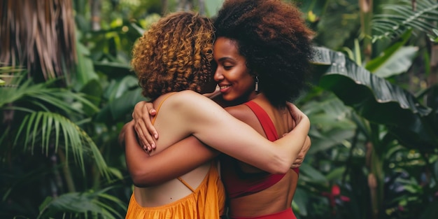 Visão traseira de pessoas diversas abraçando-se