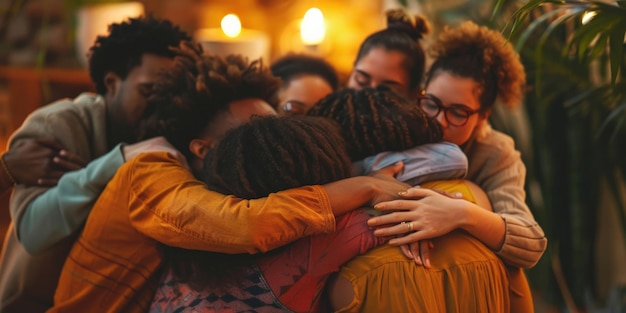 Foto visão traseira de pessoas diversas abraçando-se