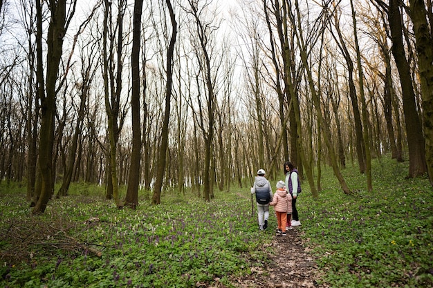 Visão traseira de três crianças de mãos dadas com a mãe caminhando na trilha da floresta Conceito de lazer de primavera ao ar livre