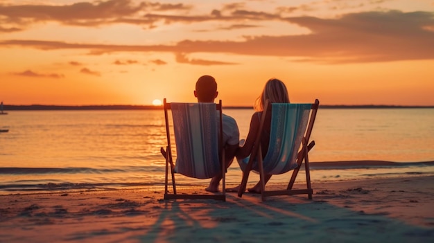 Visão traseira de um casal feliz aprecia o pôr do sol de luxo na praia Generative AI