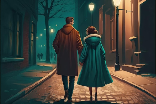 Visão traseira de um casal passeando por uma rua da cidade à noite Conceito de fantasia Ilustração pintura Generative AI