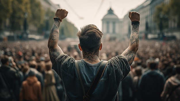 Visão traseira de um homem A multidão se reuniu para protestar contra ai generativo