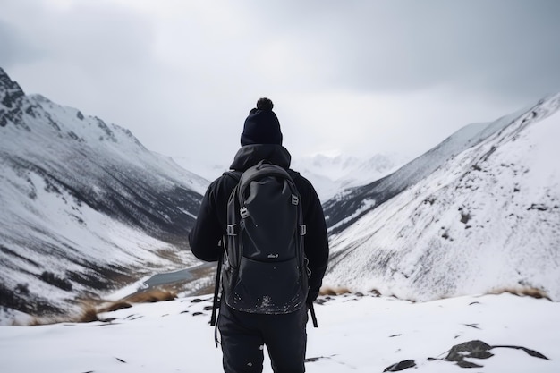 visão traseira de um homem com mochila em frente a altas montanhas geradas por IA