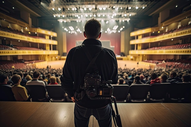 Visão traseira de um homem com uma câmera de vídeo no fundo do auditório Visão posterior de um cameraman com uma câmara digital profissional na frente de uma sala de conferências AI Gerado