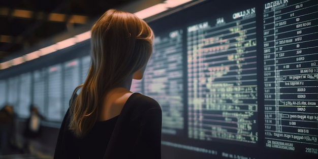 Visão traseira de uma mulher examinando horários de voos em uma tela de informações do aeroporto Generative AI