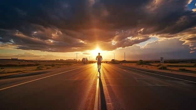 Visão traseira do corredor masculino atlético na estrada de asfalto com nuvens no céu no caminho do conceito do nascer do sol para o sucesso Generative Aix9