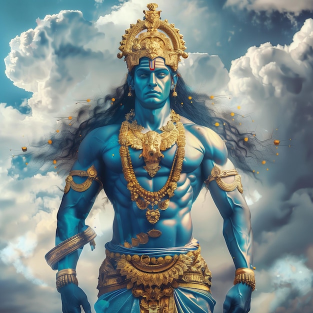 Vishnu, der indische Gott, steht hoch am Himmel und strahlt göttliche Kraft und Ruhe aus.