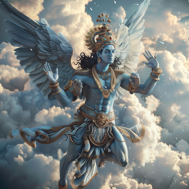 Vishnu, el dios indio con alas, se alza en el cielo emanando poder divino y tranquilidad.