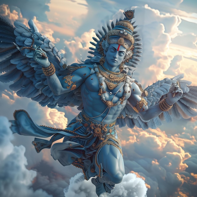 Vishnu, el dios indio con alas, se alza en el cielo emanando poder divino y tranquilidad.