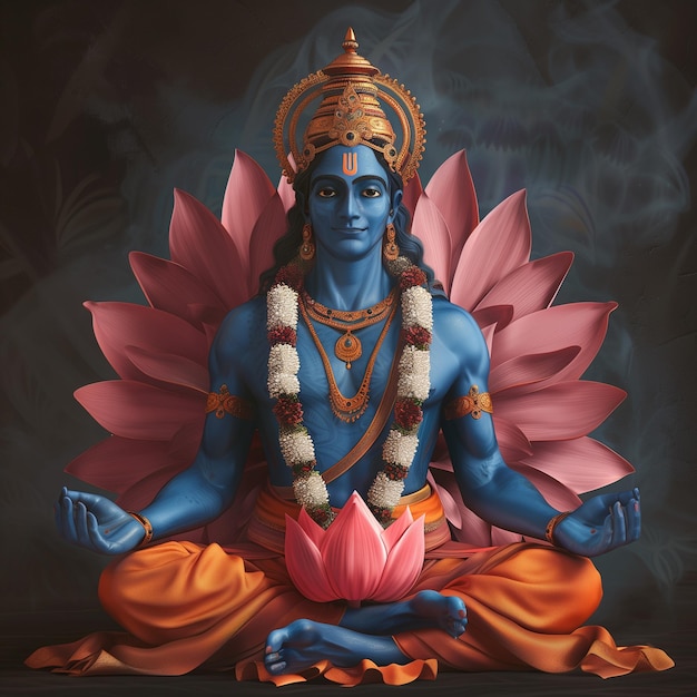 Vishnu sitzt auf einem Lotus, der Reinheit und göttliche Gnade symbolisiert.