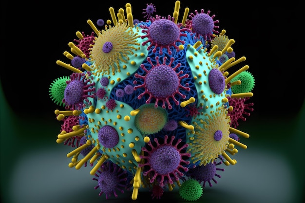 Visión abstracta del virus de la indluenza o covid 19 nuevo coronavirus a través del microscopio Arte generado por redes neuronales