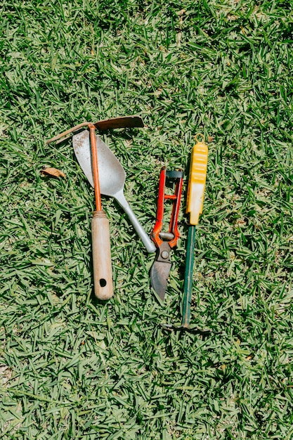 Foto visión en ángulo alto del equipo de jardinería