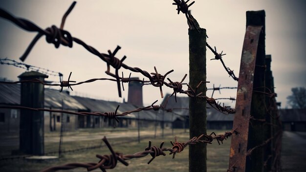 Foto visión de cerca de la valla de alambre de púas del campo de concentración alemán de auschwitz ii