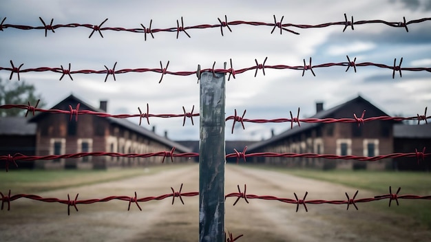 Foto visión de cerca de la valla de alambre de púas del campo de concentración alemán de auschwitz ii