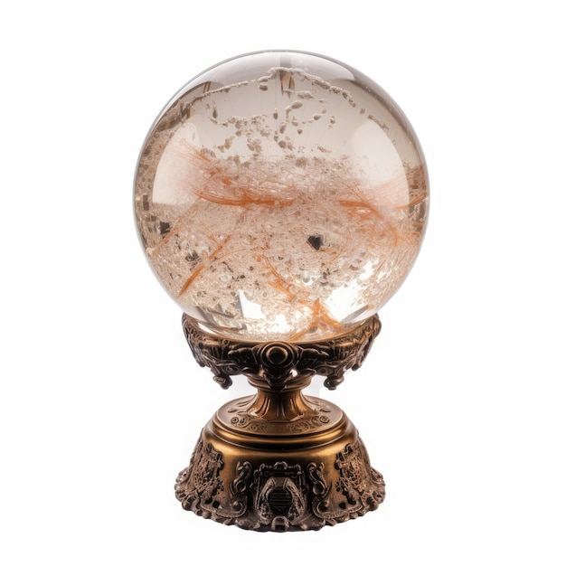 Visión encantadora Bola de cristal antigua que reluce sobre un fondo blanco aislado