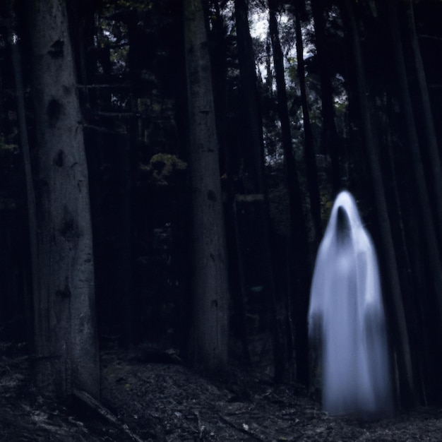 Una visión fantasmal con túnicas blancas vaga entre los troncos de los árboles Fantasma en el mundo paranormal Sueño horrible Bosque extraño en una niebla Atmósfera mística Madera oscura Fondo de pantalla Tiempos sombríos