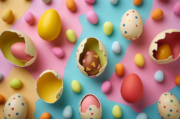 Una visión festiva de Pascua Los huevos de chocolate simplificados se abren artísticamente para descubrir un mundo