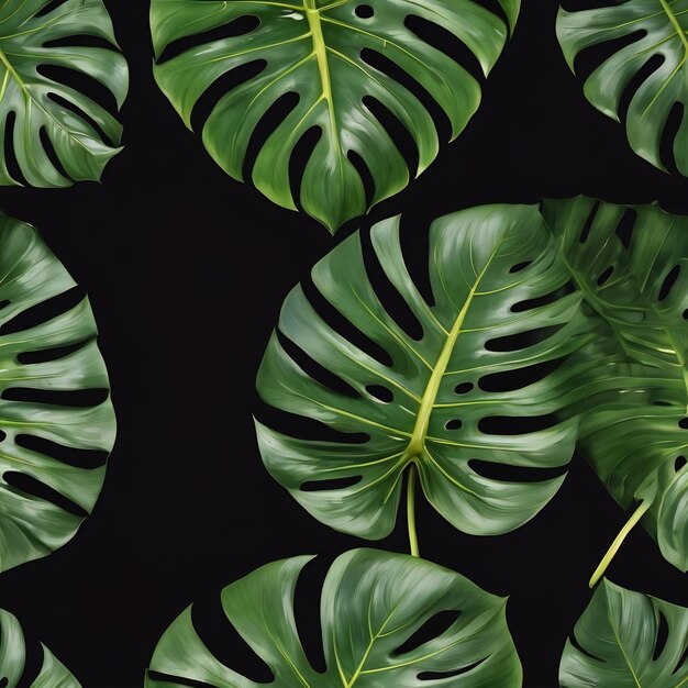 Visión frontal de las hojas de monstera con fondo oscuro