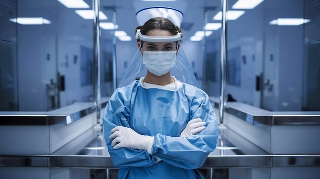 Visión frontal de una mujer con ropa de protección en el hospital