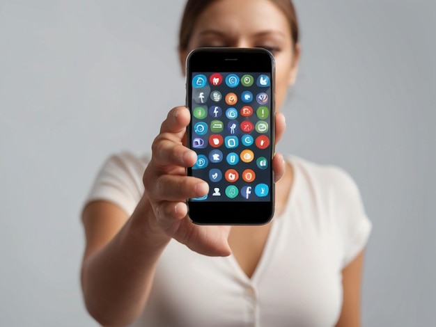 Foto visión frontal de una mujer con un teléfono inteligente con iconos de las redes sociales