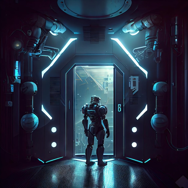 Visión de la futura sala de ciencia cyborg con tecnología y robot en un interior futurista de ciencia ficción creado