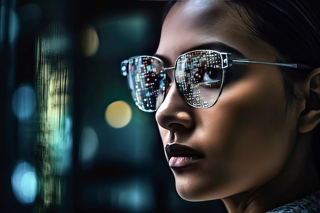 Foto la visión del futuro del paisaje urbano reflejado en las gafas de la mujer