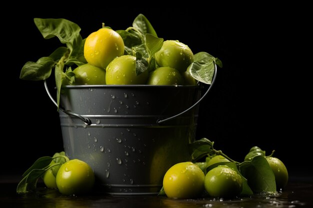 Visión inferior cubo de tomates verdes y hojas de laurel a la derecha del fondo oscuro