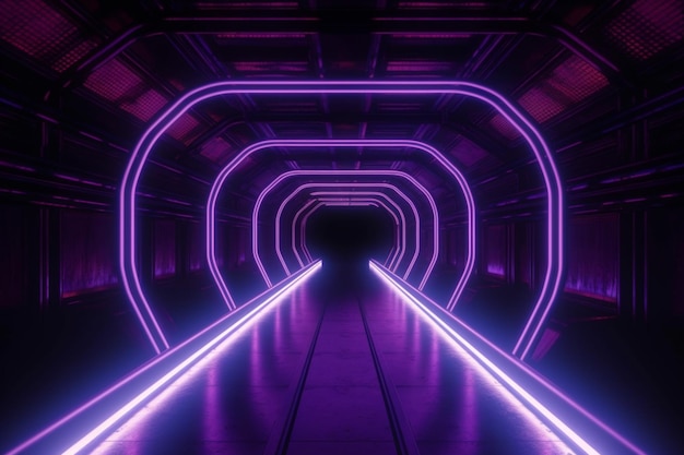 Visión en perspectiva de túnel vacío iluminación de luces de neón púrpura