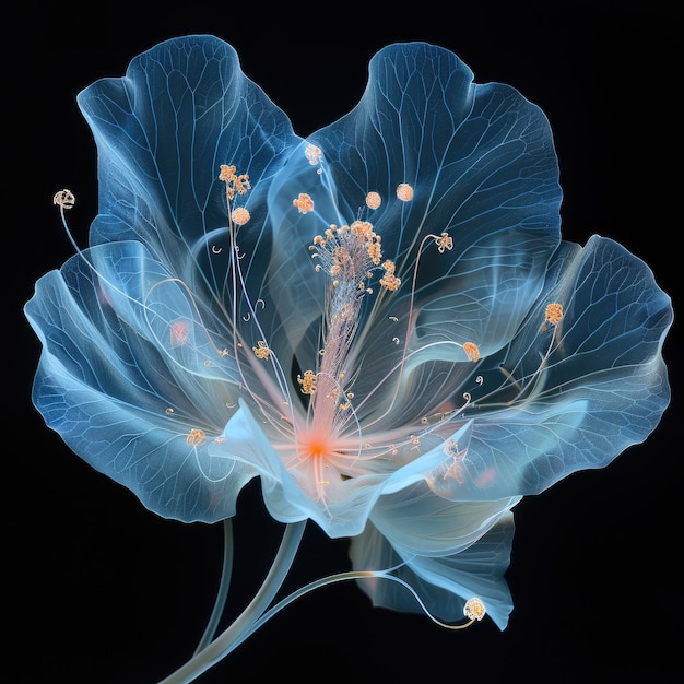 Visión por rayos X de una delicada flor con pétalos translúcidos